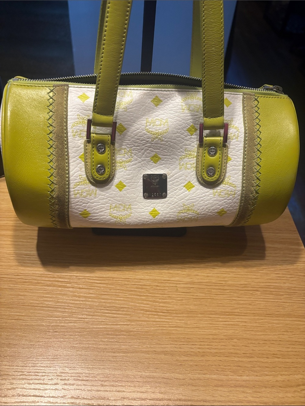 MCM limited edition suede stripes suede inside white and Lime Barrel Satchel - Picture 17 of 17
